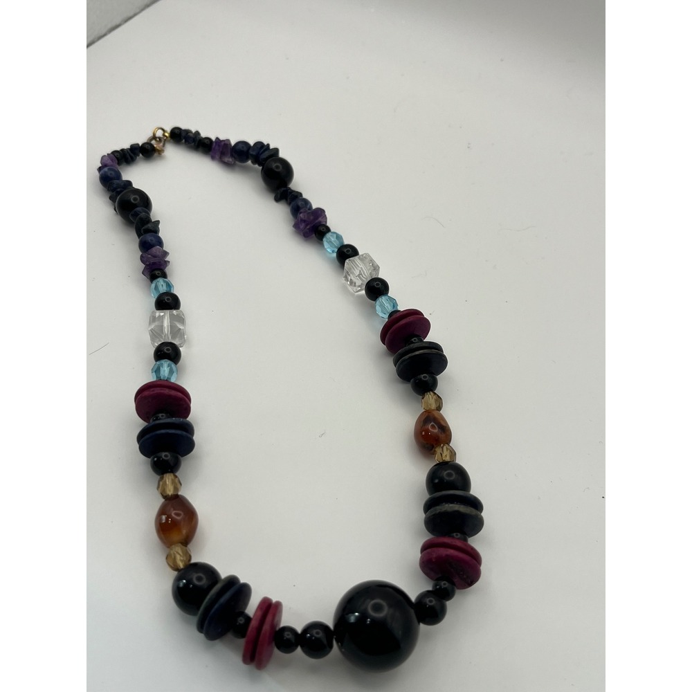 Bohemian Mixed Stone Wood Glass Beaded Necklace Amethyst Lapis Carnelian‎ 18in